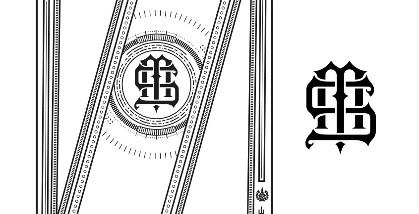 Ornate monogram brand mark with line-art packaging pattern