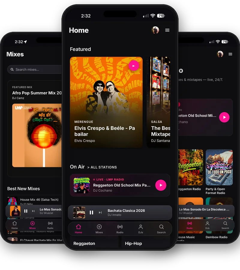 Three phones showing the LMP DJ App: the Home screen with featured mixes and live LMP Radio, the Mixes screen and the Radio stations screen