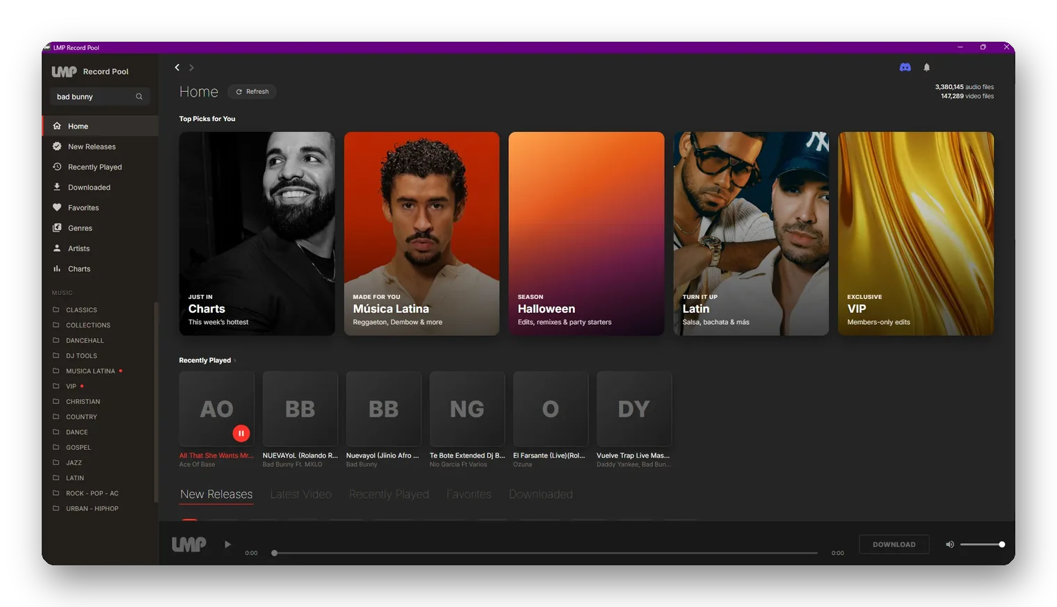 The LMP Record Pool desktop app home screen with Top Picks cards for Charts, Música Latina, Halloween, Latin and VIP