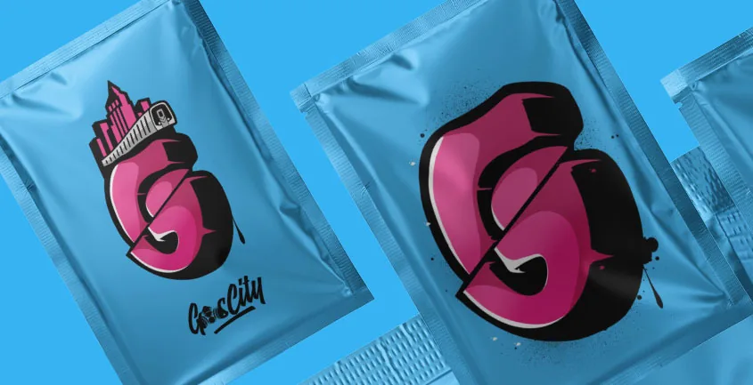 Blue foil packaging with a pink graffiti-style letter mark